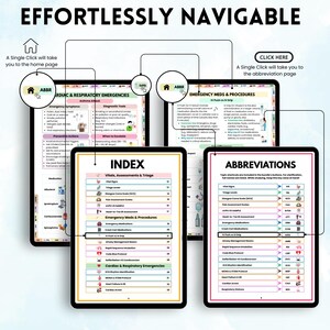 Peut inclure: Un guide de r&eacute;f&eacute;rence m&eacute;dicale num&eacute;rique avec le texte "EFFORTLESSLY NAVIGABLE". Le guide affiche des informations sur les proc&eacute;dures d'urgence, les abr&eacute;viations et un index. Les &eacute;crans sont sur fond blanc.