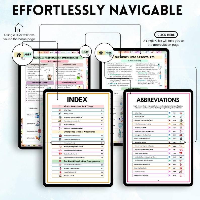 Peut inclure: Un guide de r&eacute;f&eacute;rence m&eacute;dicale num&eacute;rique avec le texte "EFFORTLESSLY NAVIGABLE". Le guide affiche des informations sur les proc&eacute;dures d'urgence, les abr&eacute;viations et un index. Les &eacute;crans sont sur fond blanc.