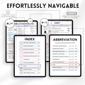 K&ouml;nnte beinhalten: Digitale Lernhilfen auf Tablets, die Themen wie Funktionen, Gleichungen und Trigonometrie behandeln. Der Text "EFFORTLESSLY NAVIGABLE" befindet sich oben. Das Bild enth&auml;lt auch den Text "CLICK HERE" und "A Single Click will take you to the abbreviation page."