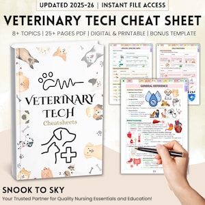 May include: A white book titled "VETERINARY TECH CHEAT SHEET" with illustrations of dogs and cats. The book is surrounded by pages with veterinary information, including species-specific info and vaccination details. The text "UPDATED 2025-26" is at the top.