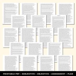 May include: A collection of white paper documents with black text, arranged in a layered composition. The documents are printed with bullet points and paragraphs. The bottom of the image displays the text: PRINTABLE PDF &bull; SUBJECTIVE &bull; OBJECTIVE &bull; ASSESSMENT &bull; PLAN.