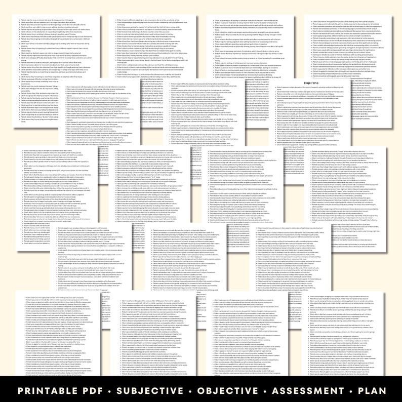 May include: A collection of white paper documents with black text, arranged in a layered composition. The documents are printed with bullet points and paragraphs. The bottom of the image displays the text: PRINTABLE PDF &bull; SUBJECTIVE &bull; OBJECTIVE &bull; ASSESSMENT &bull; PLAN.