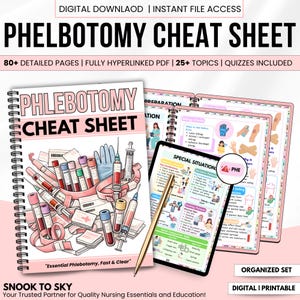 Op de afbeelding: Een phlebotomie cheat sheet met een spiraalbinding, met gedetailleerde illustraties van medische apparatuur en procedures. De omslag toont de titel "Phlebotomy Cheat Sheet" en de tekst "Essential Phlebotomy, Fast & Clear".