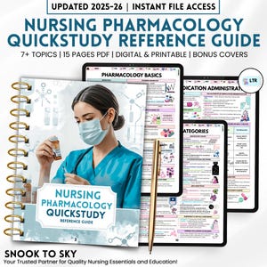 May include: A nursing pharmacology quick study reference guide with the text "Nursing Pharmacology Quickstudy Reference Guide" is displayed. The image includes a woman wearing a face mask and medical scrubs, holding a medication bottle. The guide is available in PDF format.