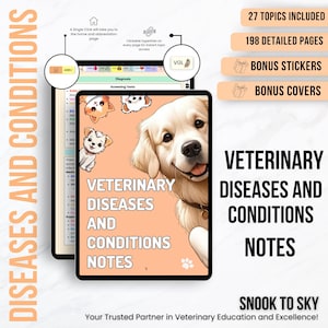 May include: A digital tablet displaying a veterinary diseases and conditions notes guide. The guide features a cute cartoon golden retriever dog and the text "Veterinary Diseases and Conditions Notes".