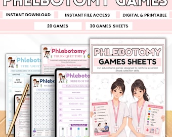 Phlebotomy Games Workbook PDF | 20 Interactive Games & Worksheets | Phlebotomy Learning Activities | Digital Download