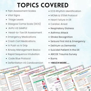 Peut inclure: Plusieurs guides m&eacute;dicaux &eacute;ducatifs avec le titre "TOPICS COVERED". Les sujets incluent l'&eacute;valuation de la douleur, les signes vitaux et les proc&eacute;dures d'urgence. Les guides sont de couleurs vari&eacute;es et pr&eacute;sentent des informations m&eacute;dicales d&eacute;taill&eacute;es.