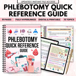 May include: A spiral-bound "Phlebotomy Quick Reference Guide" with the text "Updated | Instant File Access." The cover features illustrations of blood collection tools and a cartoon blood drop. The guide includes 91 pages, is fully hyperlinked, and is digital and printable.