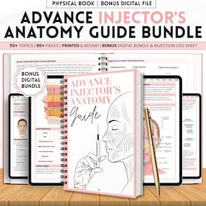 May include: A spiral-bound Advance Injector's Anatomy Guide book with a pink and white cover featuring a line drawing of a face and a syringe. The bundle includes a printed book, a bonus digital file, and an injection log sheet with 80+ pages.