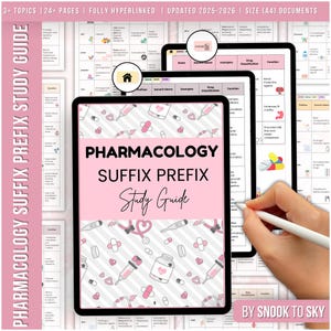 May include: A pink and white digital study guide for pharmacology with the title "Pharmacology Suffix Prefix Study Guide" and a cute illustration of a stethoscope, pills, and a syringe. The guide is by Snook to Sky.