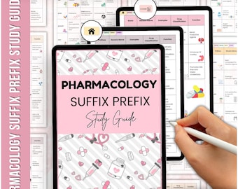 Puede incluir: Una guía de estudio digital rosa y blanca para farmacología con el título "Pharmacology Suffix Prefix Study Guide" y una ilustración linda de un estetoscopio, píldoras y una jeringa. La guía es de Snook to Sky.