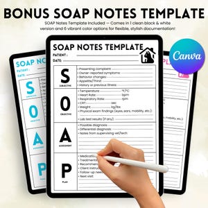 May include: A digital SOAP Notes Template on a tablet, with sections for subjective, objective, assessment, and plan. The template includes fields for patient information, vital signs, and notes. The image also includes the text "BONUS SOAP NOTES TEMPLATE".