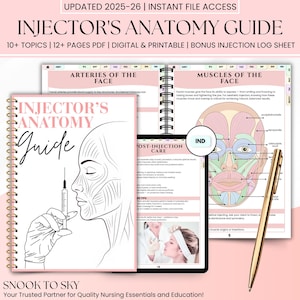 May include: A spiral-bound "Injector's Anatomy Guide" with a pink cover featuring a line drawing of a face and syringe. The guide includes topics, pages, and a bonus injection log sheet. A gold pen rests on the open pages, which display anatomical diagrams.