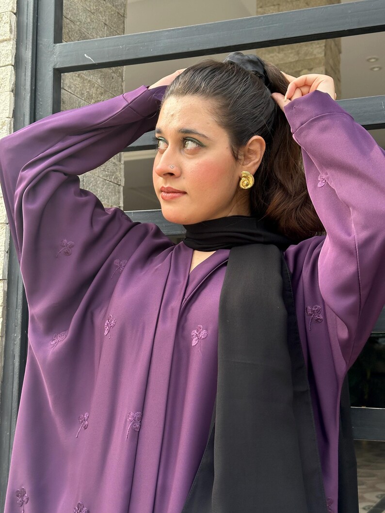 Elegant Black Abaya with Purple Lace Floral Embroidery