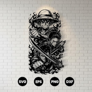 Puede incluir: Arte de pared de metal en blanco y negro con tres personajes de anime. El personaje superior lleva un sombrero de paja y sonríe. El personaje del medio sostiene una espada. El personaje inferior también sostiene una espada. El arte está montado en una pared de ladrillos blancos.