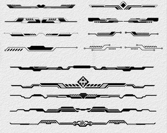 Futuristisches Tech Divider SVG Bundle, Sci-Fi HUD Line Borders, digitale Rahmenlinien SVG, Cyberpunk Tech Border Set svg