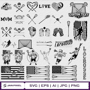 May include: A collection of black and white lacrosse-themed graphics. Includes lacrosse sticks, nets, players, and text elements such as "Lacrosse Park," "Love," and "Custom Text." Perfect for sports-related designs.