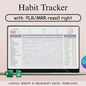May include: A laptop screen displays a digital habit tracker template. The screen shows a grid with habit categories and a calendar layout for tracking daily progress. Text on the screen includes "Habit Tracker" and "with PLR/MRR resell right". The Canva logo is visible.