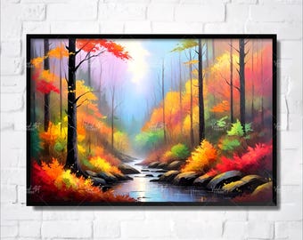 Herbstwald Gemälde | Bunte Bäume Natur Wall Art Digital Download