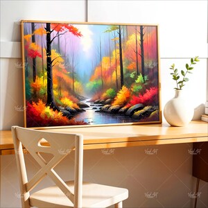 Herfst bos rivier schilderij | Kleurrijke bomen natuur muurkunst digitale download