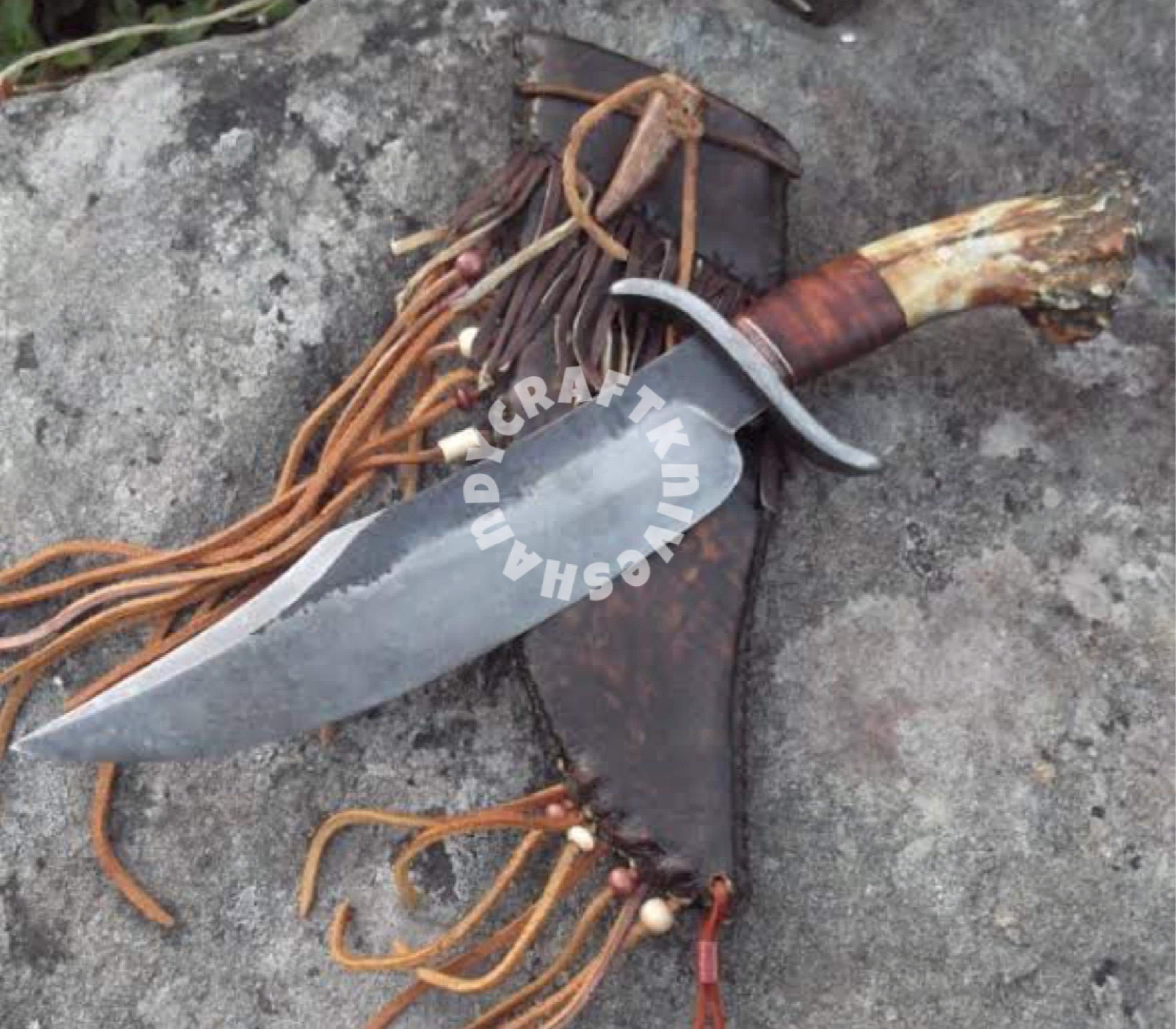 Hand Forged Carbon Steel Bowie Knife: Stag Horn Handle, Hunting, Survival