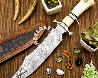 Hand Forged Damascus Steel Bowie Knife: Bone Handle, Leather Sheath