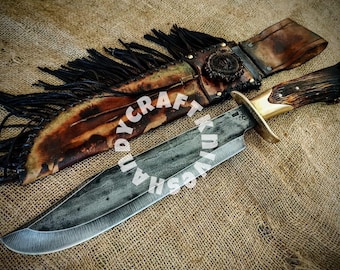 Hand Forged 15" Carbon Steel Bowie Knife: Viking Hunting Knife with Leather Sheath