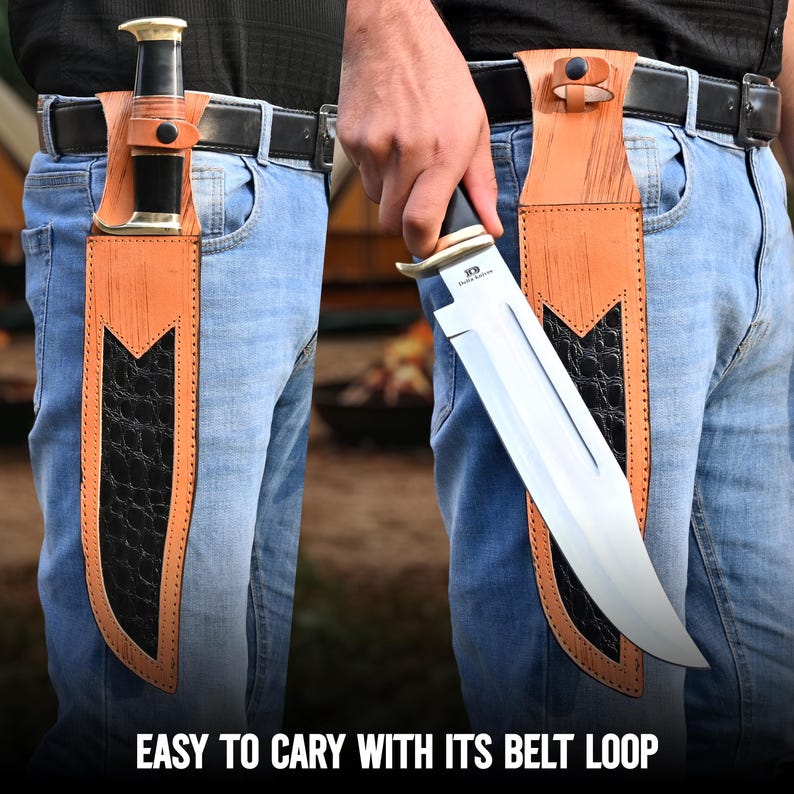 May include: A large hunting knife with a polished steel blade is shown in a leather sheath attached to a belt. The sheath is tan with a black, textured inlay. The text "EASY TO CARY WITH ITS BELT LOOP" is at the bottom.