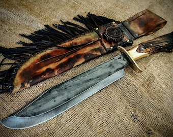 Hand Forged 15&quot; Carbon Steel Bowie Knife: Viking Hunting Knife with Leather Sheath