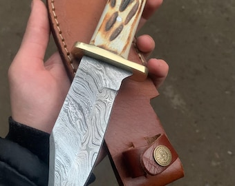 Hand Forged Damascus Bowie Knife: Viking Style Hunting Knife with Bone Handle