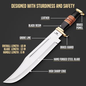 May include: A large hunting knife with a hand-forged steel blade and a high sharp edge. The handle features black resin, leather, and brass accents. Overall length is 18 inches (45.7 cm). The blade is 12 inches (30.5 cm) long, and the handle is 6 inches (15.2 cm).