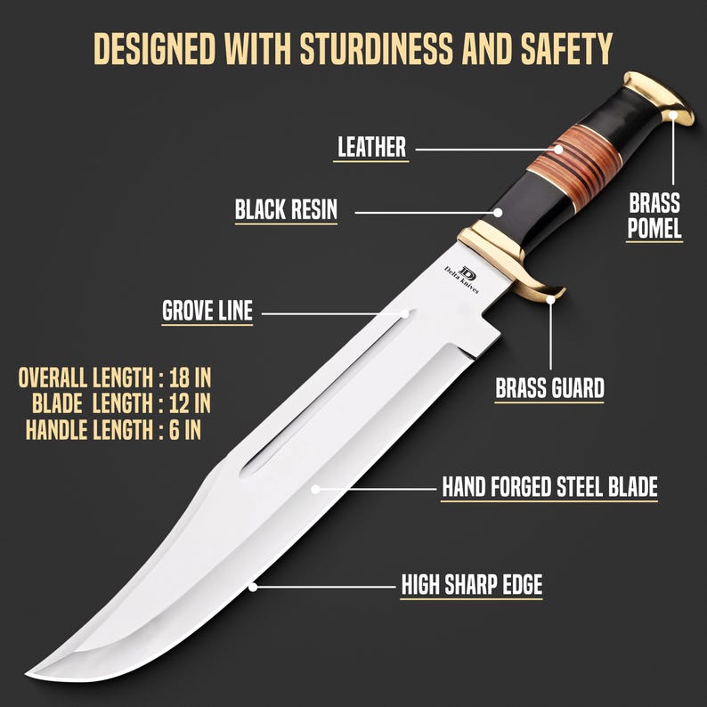 May include: A large hunting knife with a hand-forged steel blade and a high sharp edge. The handle features black resin, leather, and brass accents. Overall length is 18 inches (45.7 cm). The blade is 12 inches (30.5 cm) long, and the handle is 6 inches (15.2 cm).
