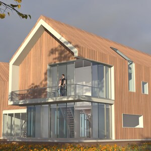Puede incluir: Una casa moderna de madera con grandes ventanales y un balcón. La casa tiene un exterior de color marrón claro con un techo gris.