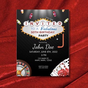 Invito di compleanno al casinò di Las Vegas, invito per festa del 50° compleanno, serata di poker, tema Vegas, download digitale, modello fai da te