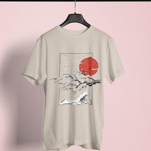 Cherry Blossom T-Shirt, Japanese Art Shirt, Red Sun Wave Tee, Sakura Flower TShirt, Japanese Wave Shirt, Aesthetic Japan Tee