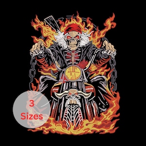 May include: Embroidered patch featuring a skeleton biker riding a motorcycle engulfed in flames. The skeleton wears a red bandana and black jacket. The image includes the text "3 Sizes" in a white circle, set against a black background.