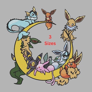 May include: Embroidered design featuring various cartoon creatures, including a blue aquatic creature, a brown fox-like creature, and others, arranged around a yellow crescent moon. The text "3 Sizes" is also included.