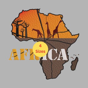 May include: An embroidered design of the African continent, split horizontally with an orange and brown color scheme. Silhouettes of giraffes and trees are visible. The word "AFRICA" is displayed in yellow and white, with a yellow circle that says "4 Sizes".