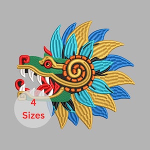 May include: Embroidered dragon head design in green, red, gold, and blue. The dragon has sharp white teeth and a red tongue. The design includes the text "4 Sizes" in a white circle. The dragon's head is surrounded by stylized feathers.