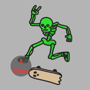 May include: An embroidered patch design featuring a bright green skeleton performing a trick on a tan skateboard. The skeleton has black outlines and is making a hand gesture. A gray circular graphic with the red text 4 Sizes is included.