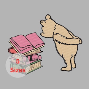 May include: An embroidered design featuring a tan bear looking at a stack of books. The books are in shades of pink, red, and green. The text "5 Sizes" is in a white circle.