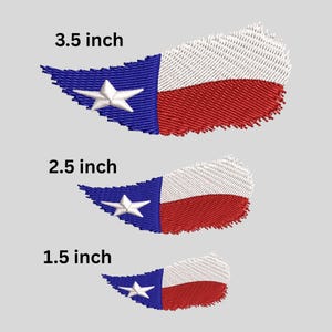 May include: Three embroidered Texas flag patches. The patches are blue, white, and red, with a white star. Sizes are 8.9 cm, 6.4 cm, and 3.8 cm.