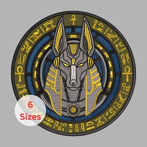 May include: Embroidered patch featuring the Egyptian god Anubis in a circular design. The patch has a gray and gold color scheme with blue accents and hieroglyphic text around the border. The text "6 Sizes" is in a white circle.