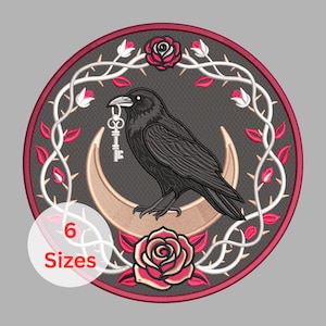 May include: Embroidered patch featuring a black raven holding a key, set against a crescent moon. The design is framed by a white vine with red roses and thorns, all within a dark gray circular border. The text "6 Sizes" is also included.
