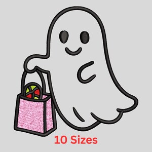 May include: A white ghost with a black outline, holding a pink trick-or-treat bag filled with candy. The ghost has black eyes and a smiling mouth. The text "10 Sizes" is in red at the bottom.