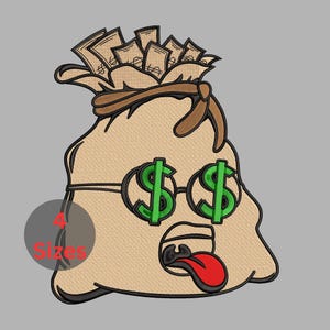 Puede incluir: Un parche bordado de una bolsa de dinero color canela con un lazo marrón, gafas con signos de dólar verdes y una boca con la lengua roja afuera. La bolsa está llena de billetes color canela. El texto 4 Sizes es visible en color rojo.