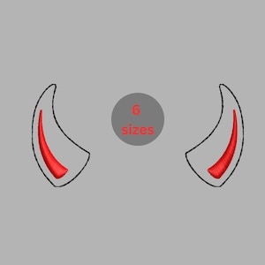 Pode incluir: Duas formas de chifres de diabo vermelhos com contorno preto e aparência texturizada. Entre os chifres, um gráfico circular cinza contém o texto vermelho 6 sizes. O design é apresentado contra um fundo cinza claro sólido.