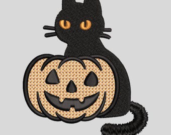 Diseño de bordado de calabaza de gato negro: Patrón de bordado a máquina de Halloween (Descarga digital)