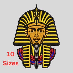 May include: Embroidered patch featuring the golden face of Tutankhamun, with a black and yellow headdress. The patch includes the text "10 Sizes" in red, indicating multiple size options for the patch.