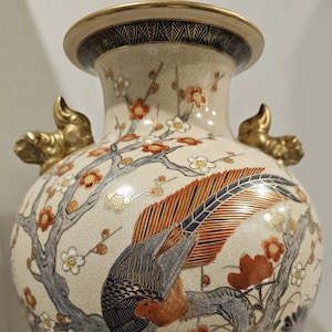 Antique Guilded Japanese Satsuma Vases by Shimzu Clan Late Taisho to Early Showa Period w Pheasant Cherry Blossom Daffodils Golden Foo Dogs